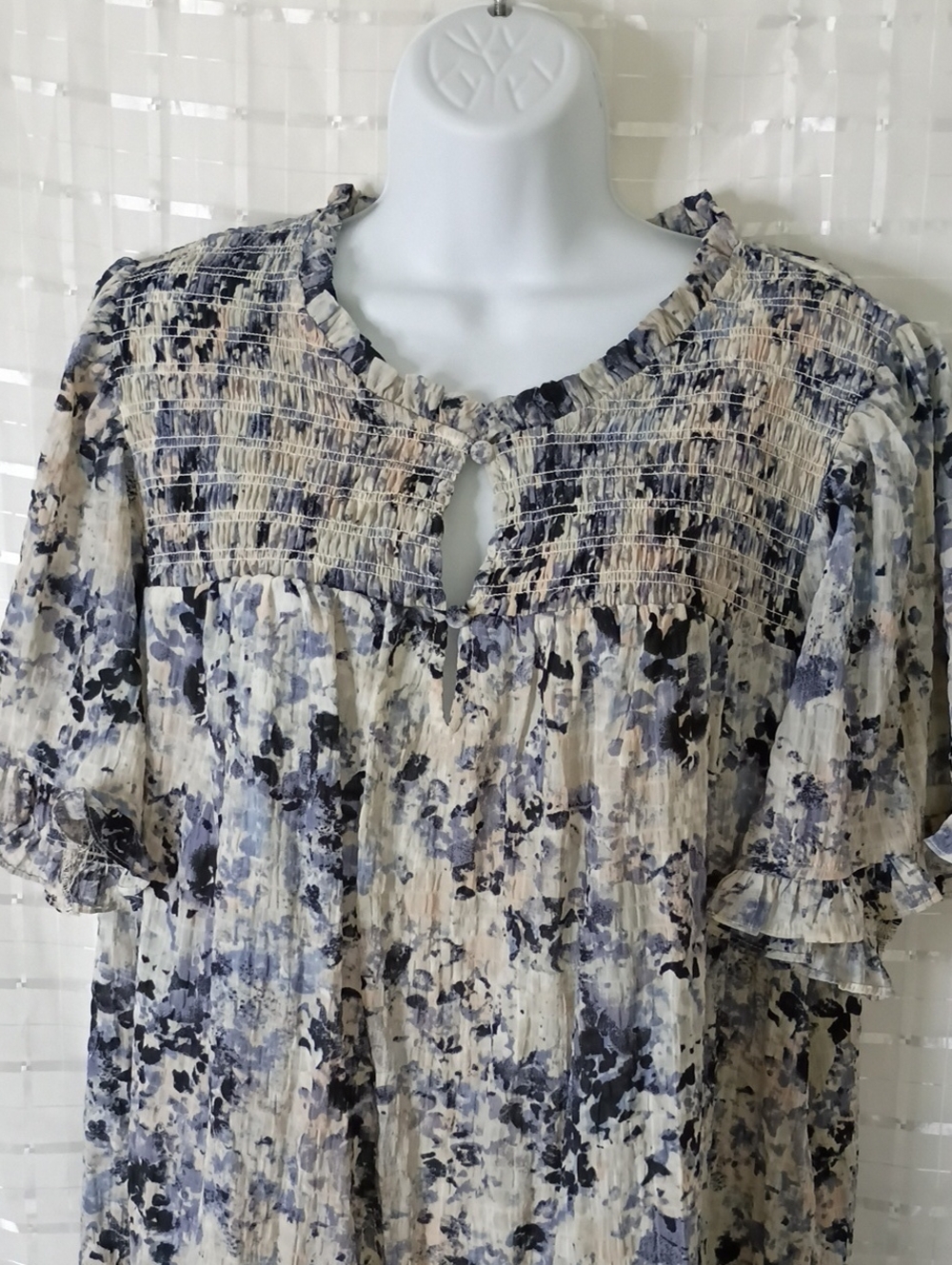 Rose & Olive Smocked Floral Blouse in Blue and Cream